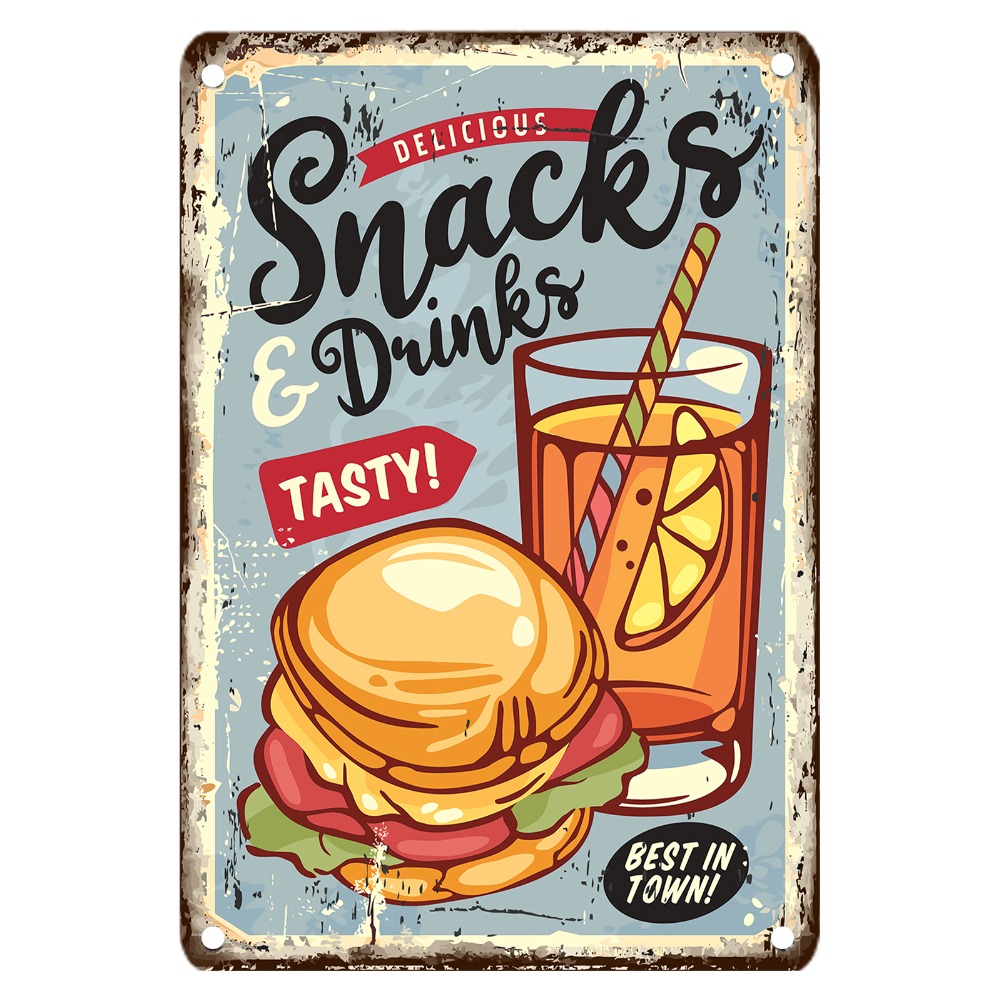 Food Snacks Easy - Papan Logam Vintage Bertema Makanan, Dekorasi